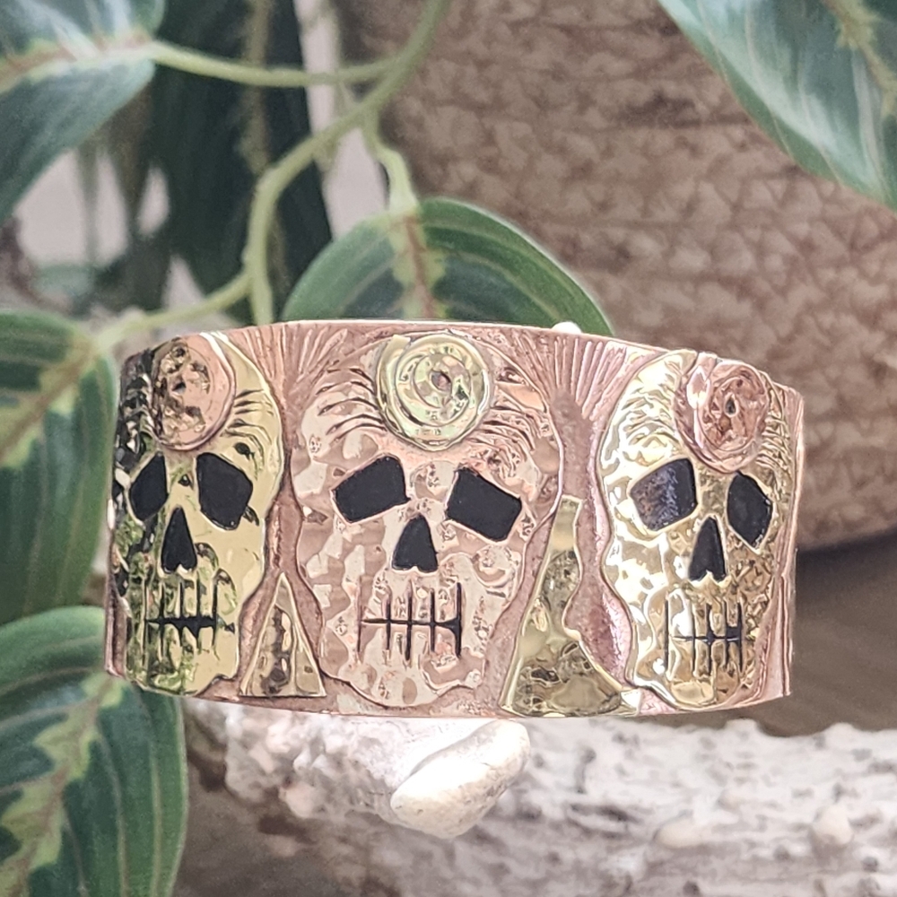 Artisan Crafted Mixed Metals Sugar Skull Cuff Bracelet